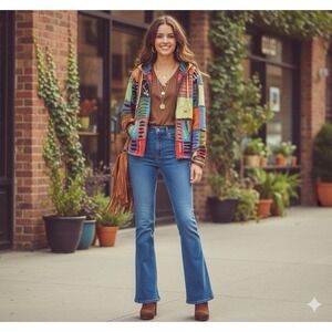 Rising International Vtg Patchwork Boho Hippie Full Zip Hoodie Sz L Casual Faded